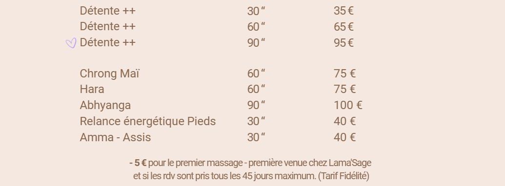 Liste des prix des massages proposés au salon Lama'Sage à Ancenis Saint Géréon.